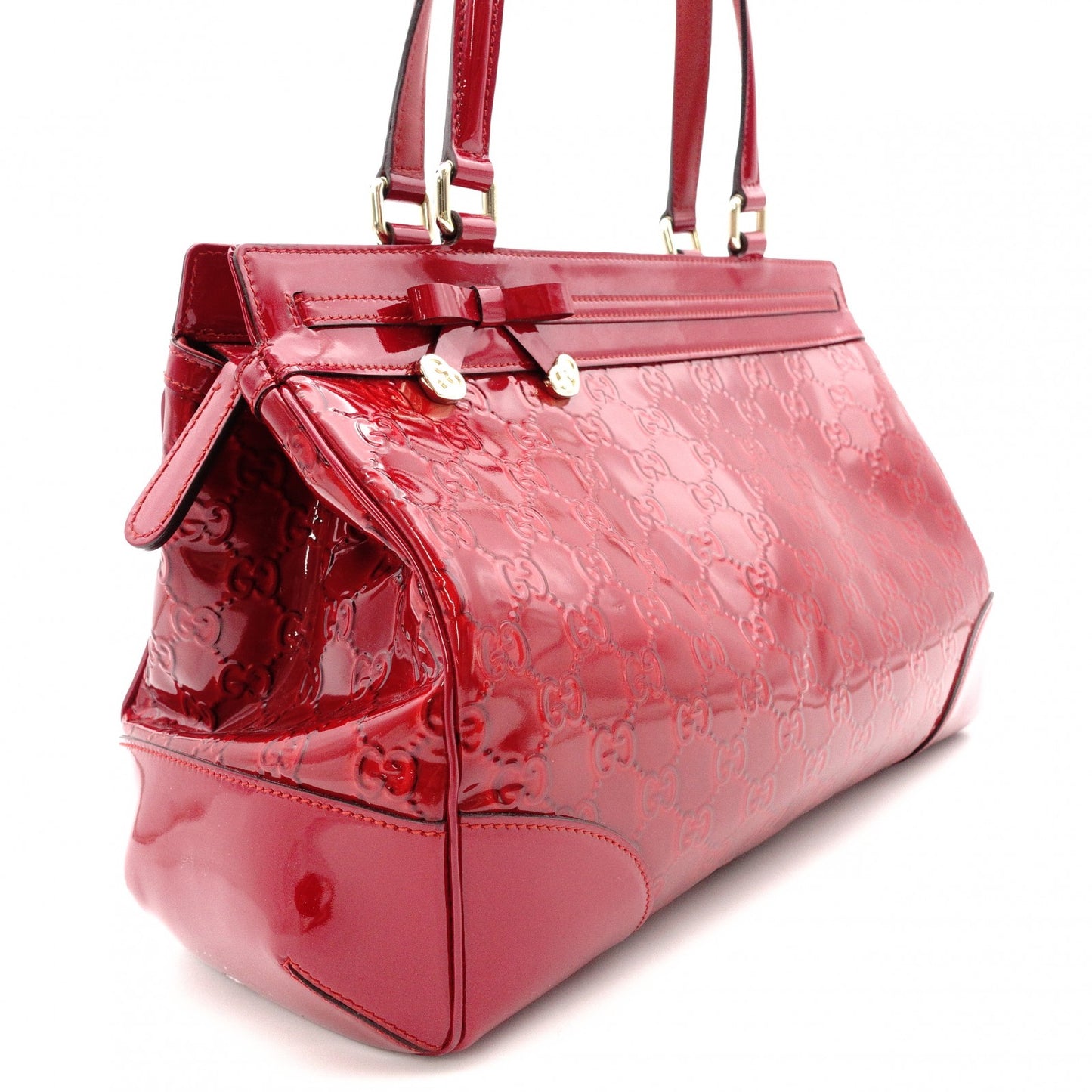 GUCCI Shima Mayfair Shoulder Bag, Patent Leather, Red Tote Bag with Ribbon