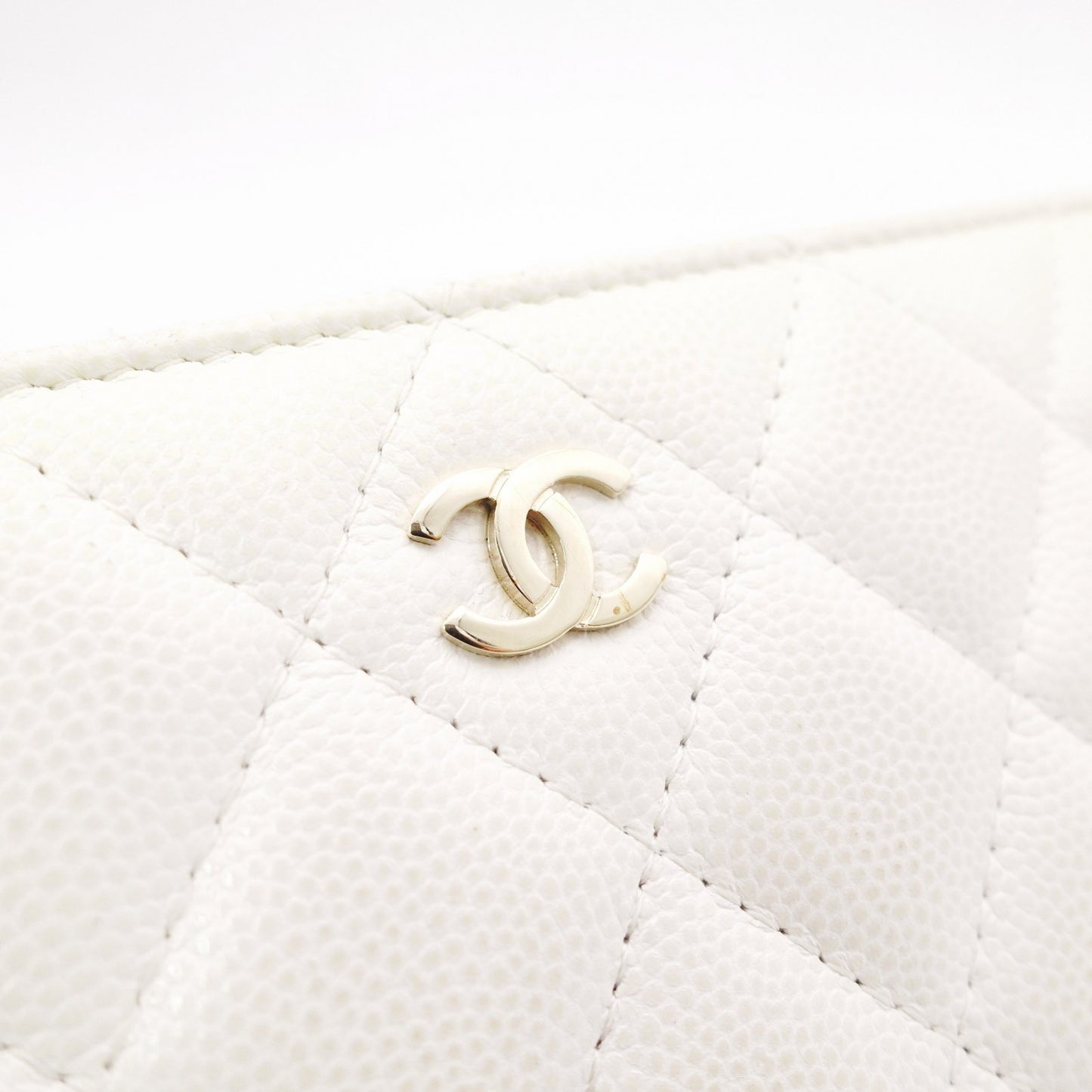 CHANEL Matelassé Long Wallet, Caviar Leather, White with Gold Hardware