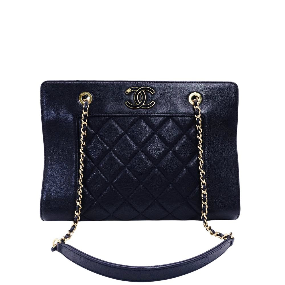 CHANEL Matelassé Chain Shoulder Bag Lambskin Navy Leather Gold Hardware CC Logo 7-12-814