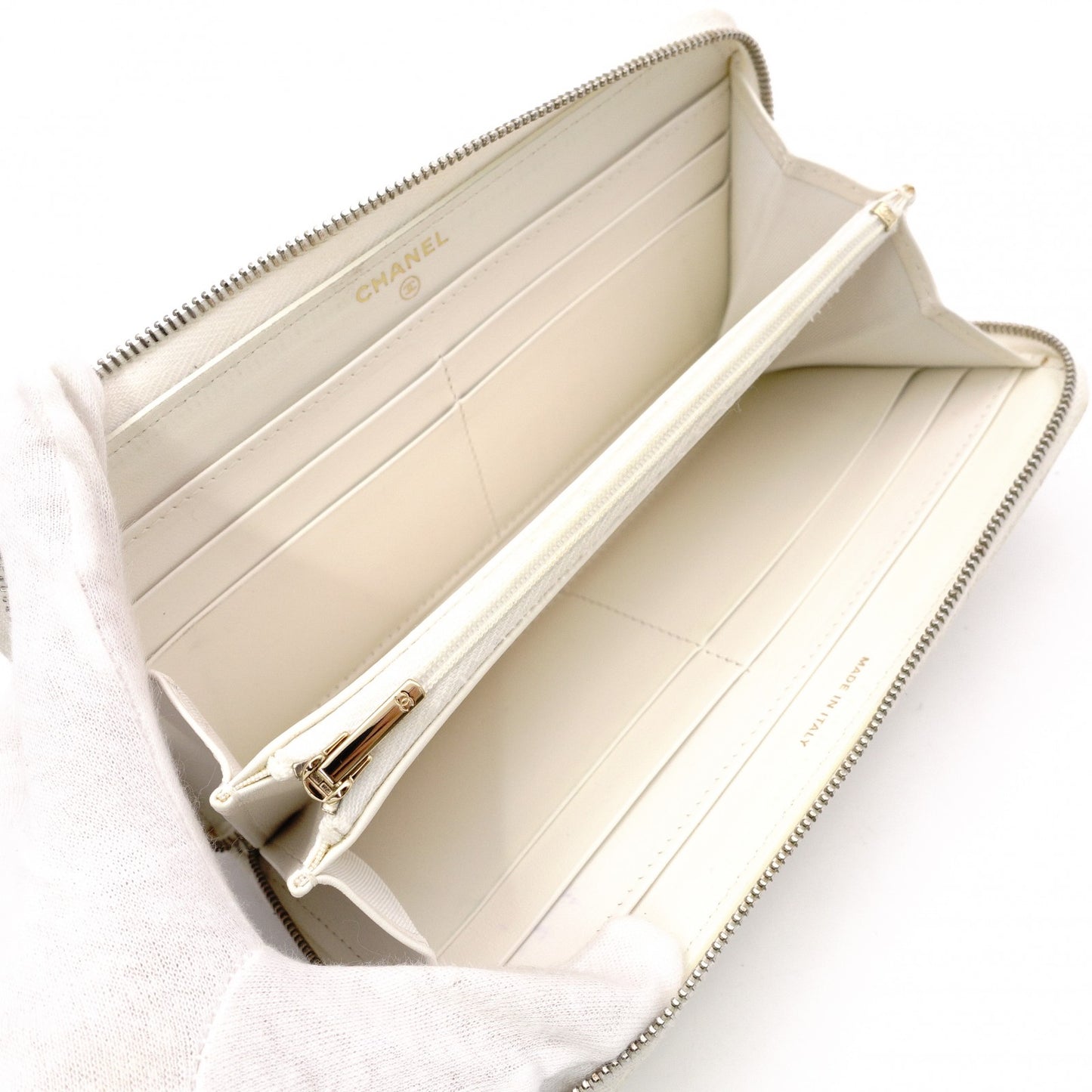 CHANEL Matelassé Long Wallet, Caviar Leather, White with Gold Hardware