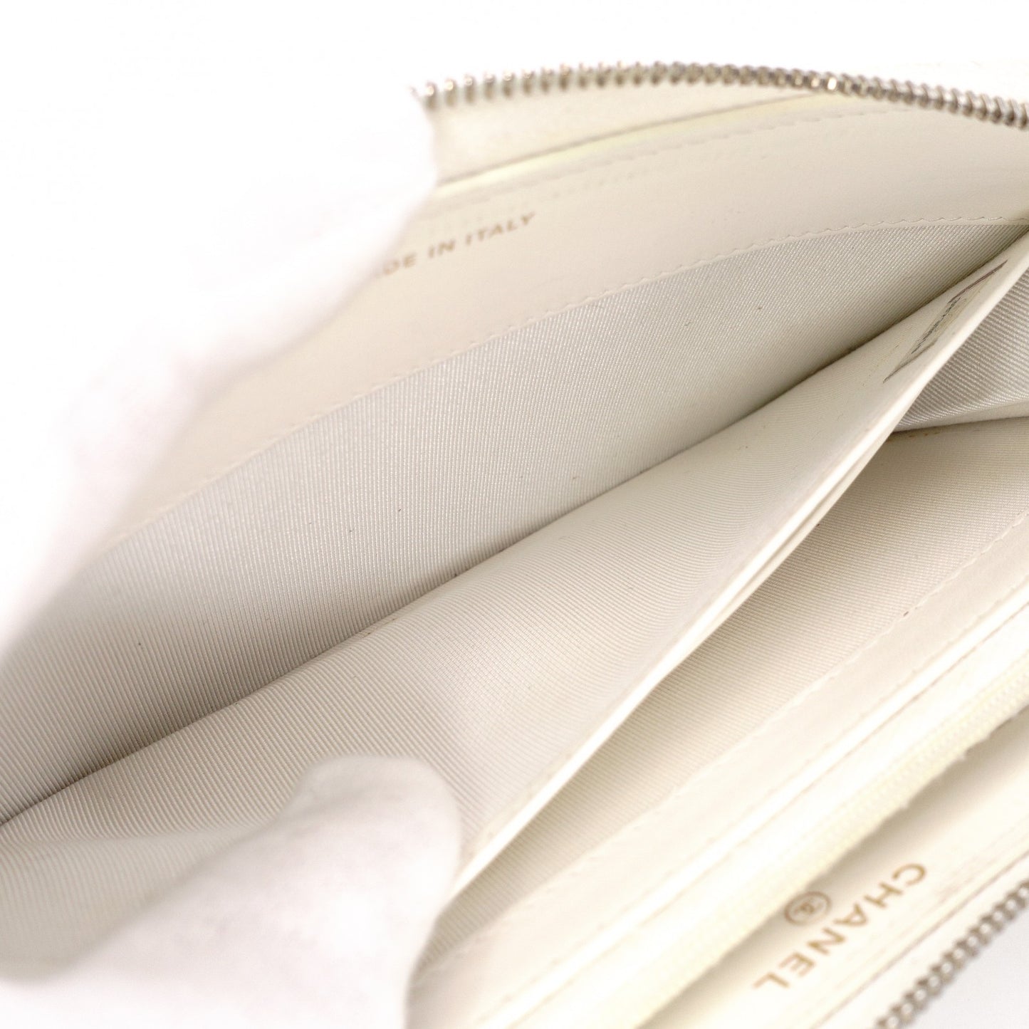 CHANEL Matelassé Long Wallet, Caviar Leather, White with Gold Hardware