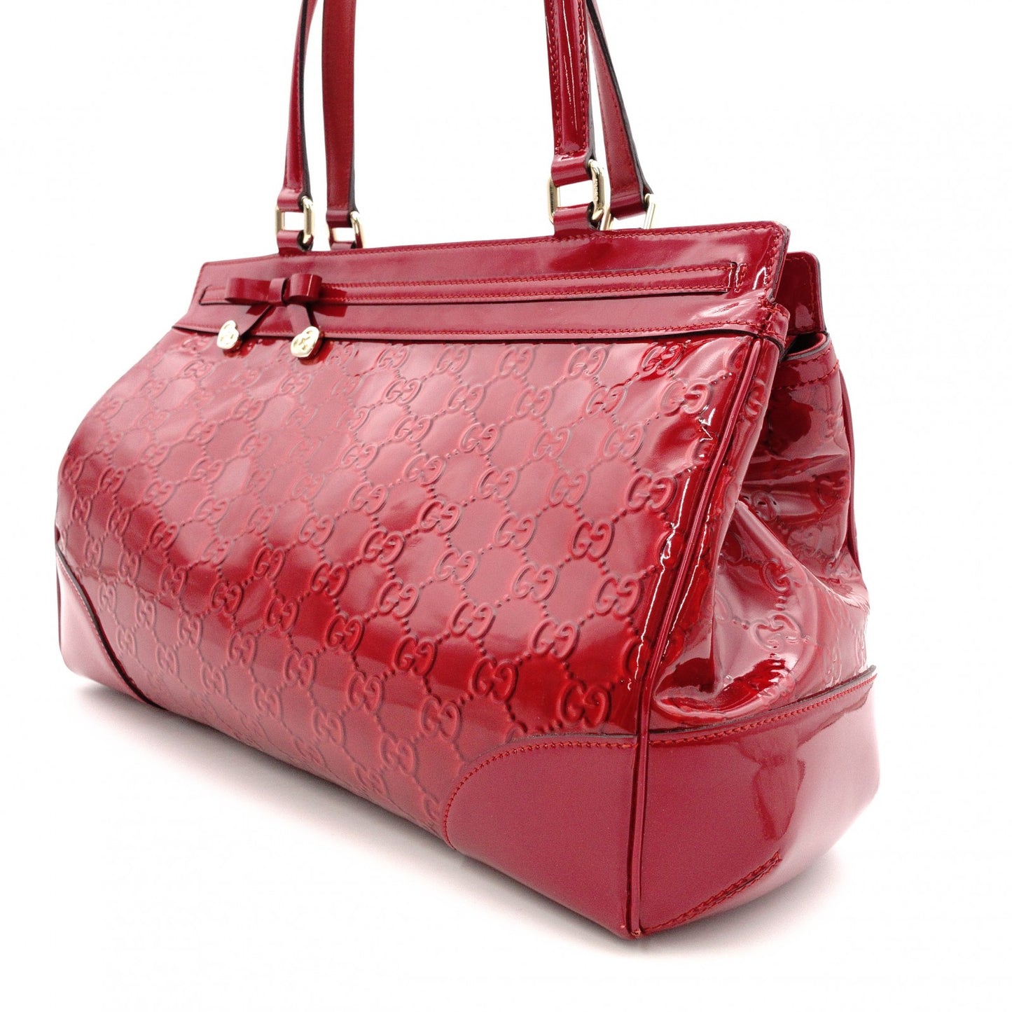 GUCCI Shima Mayfair Shoulder Bag, Patent Leather, Red Tote Bag with Ribbon