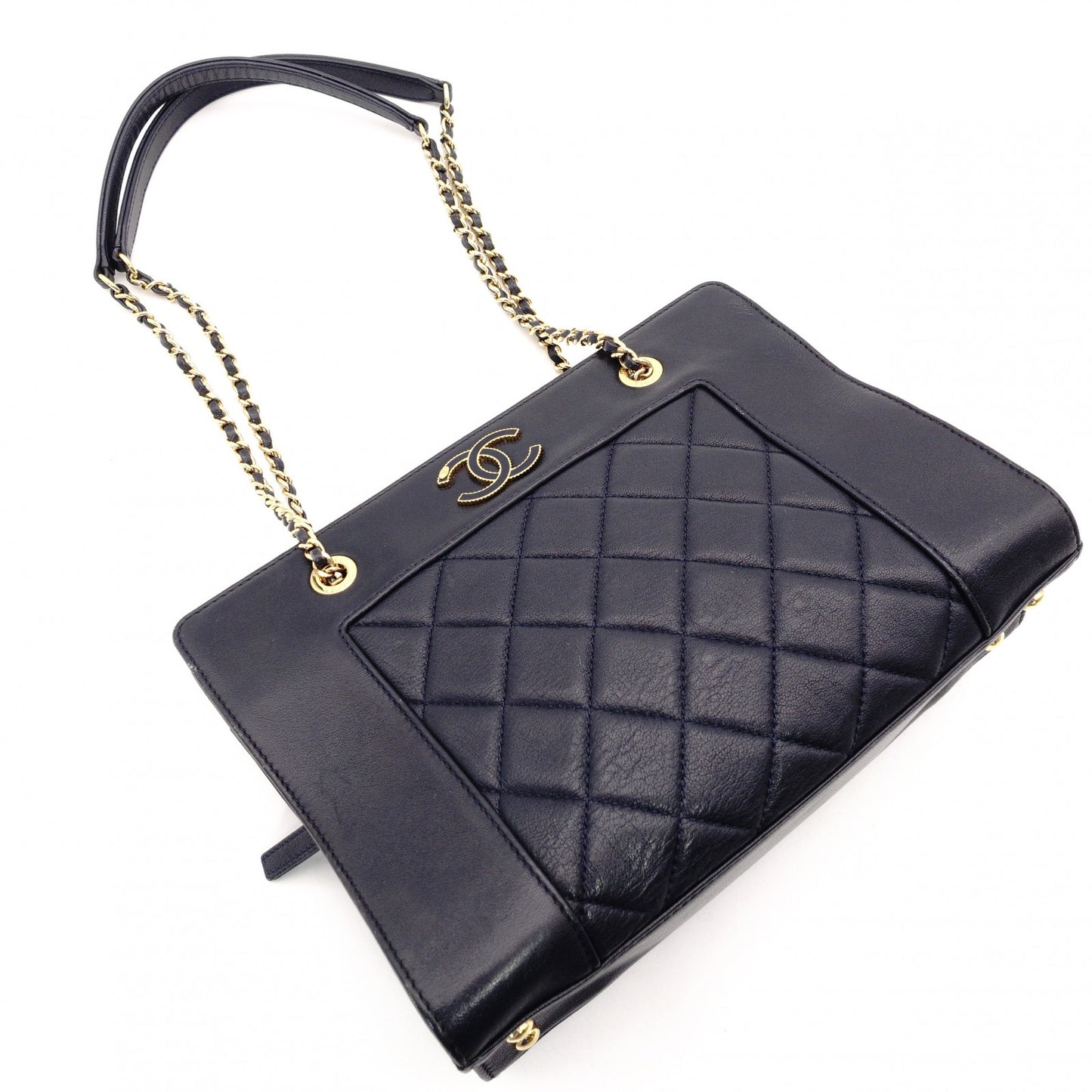 CHANEL Matelassé Chain Shoulder Bag Lambskin Navy Leather Gold Hardware CC Logo 7-12-814