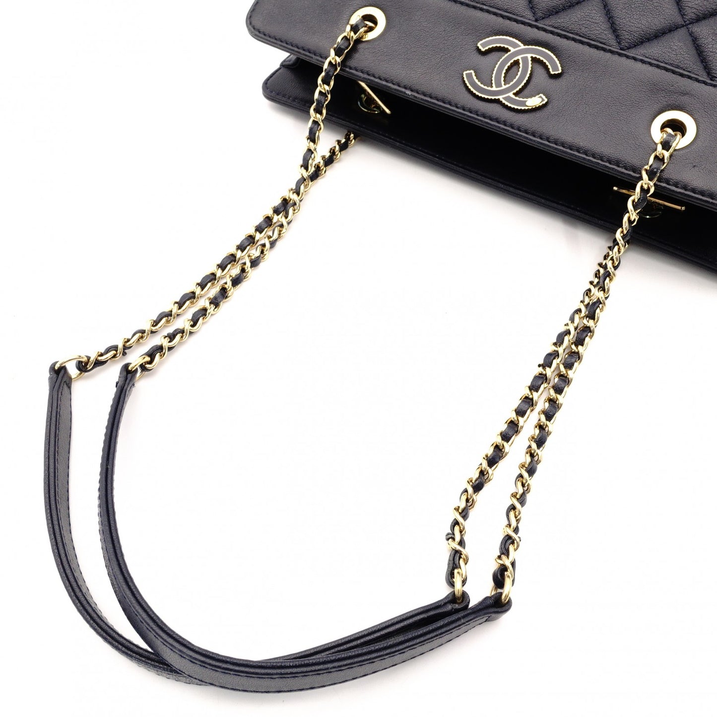 CHANEL Matelassé Chain Shoulder Bag Lambskin Navy Leather Gold Hardware CC Logo 7-12-814