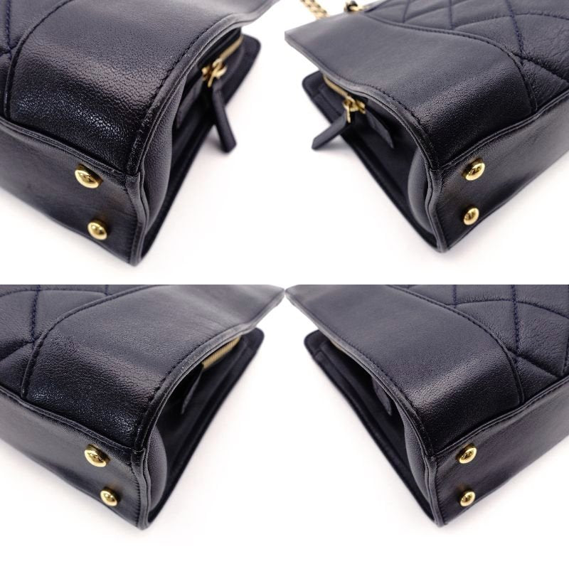 CHANEL Matelassé Chain Shoulder Bag Lambskin Navy Leather Gold Hardware CC Logo 7-12-814