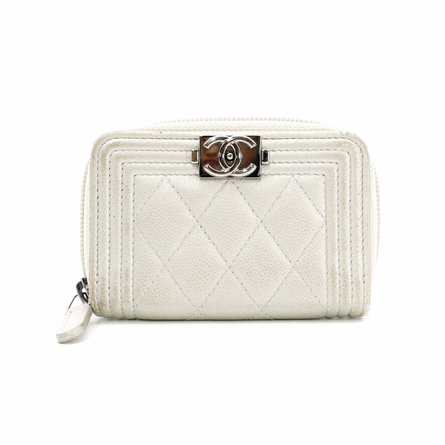 CHANEL Boy Chanel Card Case, Leather, Silver-Tone, Silver Hardware