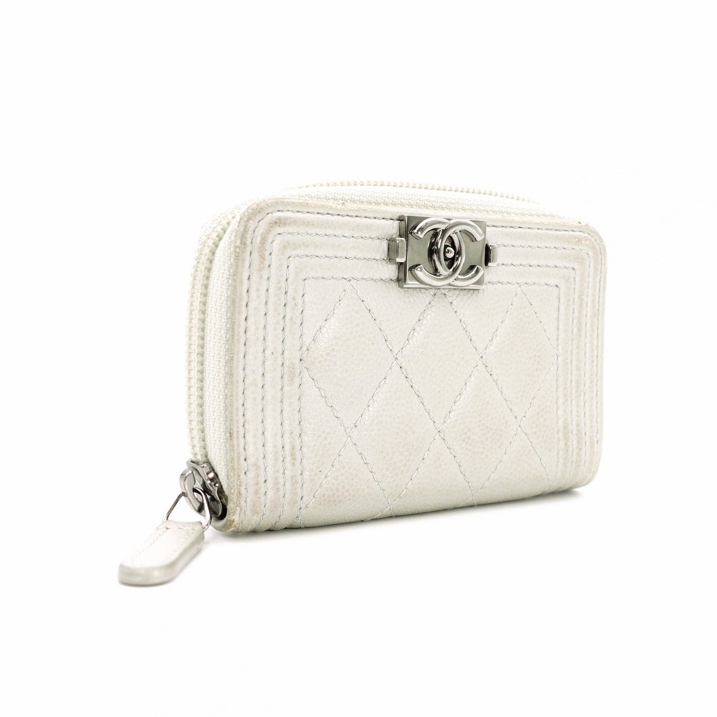 CHANEL Boy Chanel Card Case, Leather, Silver-Tone, Silver Hardware