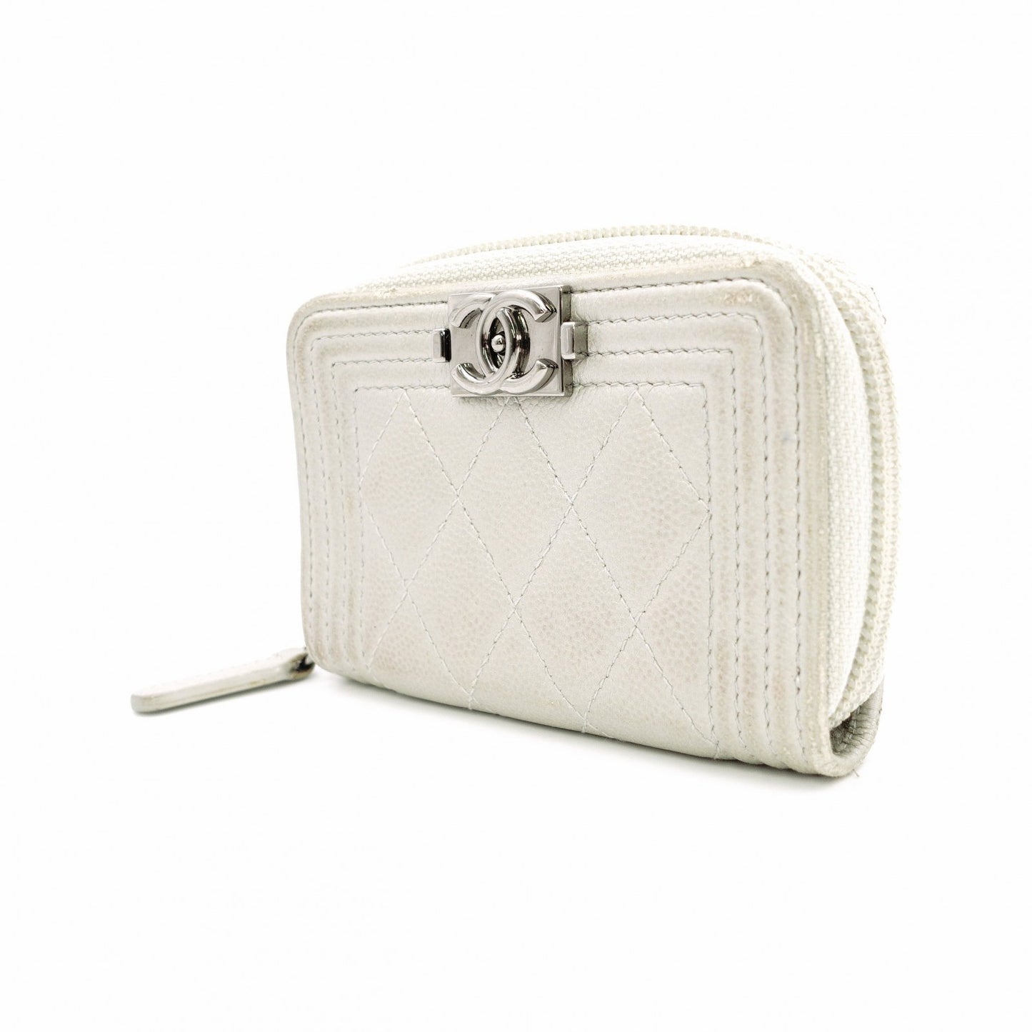 CHANEL Boy Chanel Card Case, Leather, Silver-Tone, Silver Hardware
