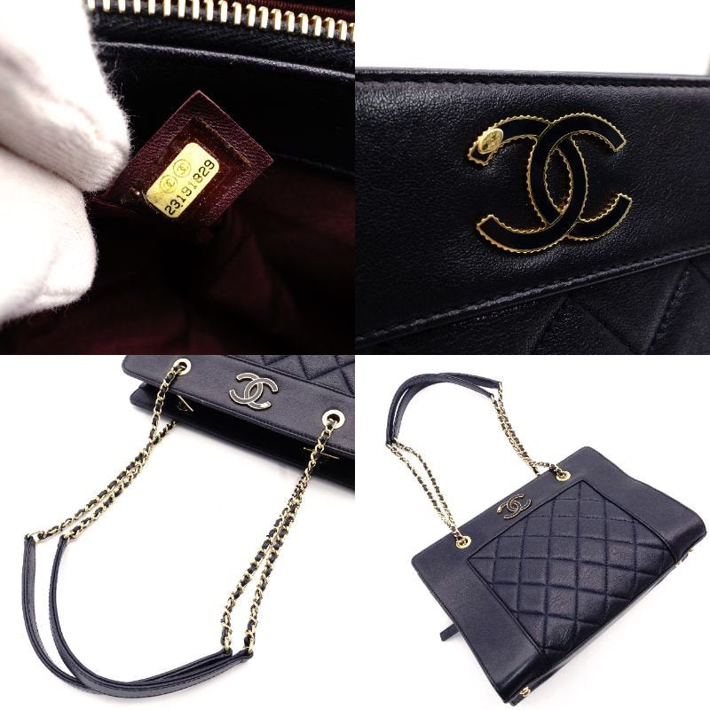 CHANEL Matelassé Chain Shoulder Bag Lambskin Navy Leather Gold Hardware CC Logo 7-12-814
