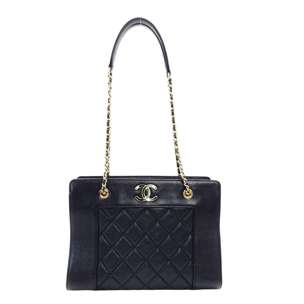 CHANEL Matelassé Chain Shoulder Bag Lambskin Navy Leather Gold Hardware CC Logo 7-12-814