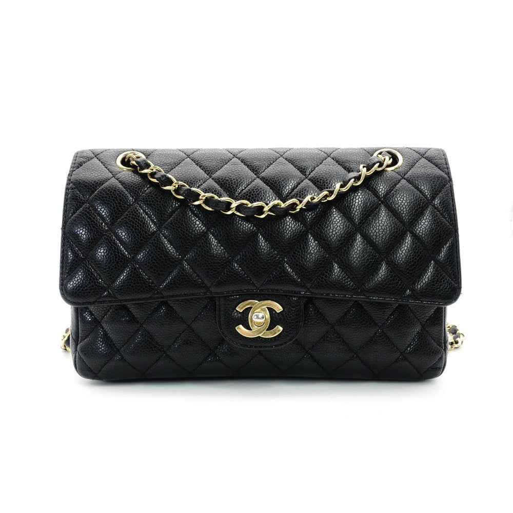 CHANEL Matelassé Double Flap Medium Chain Shoulder Bag Caviar Leather Black Gold Hardware 7-11-069