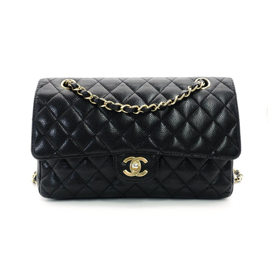 CHANEL Matelassé Double Flap Medium Chain Shoulder Bag Caviar Leather Black Gold Hardware 7-11-069