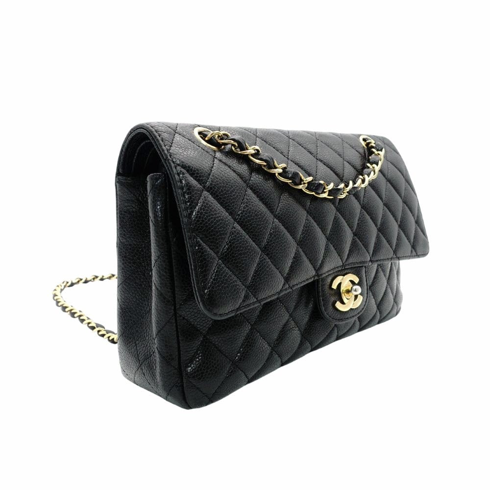 CHANEL Matelassé Double Flap Medium Chain Shoulder Bag Caviar Leather Black Gold Hardware 7-11-069