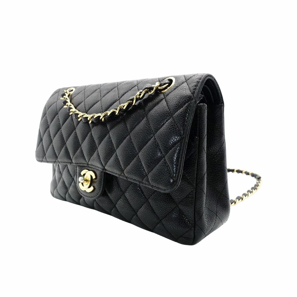 CHANEL Matelassé Double Flap Medium Chain Shoulder Bag Caviar Leather Black Gold Hardware 7-11-069