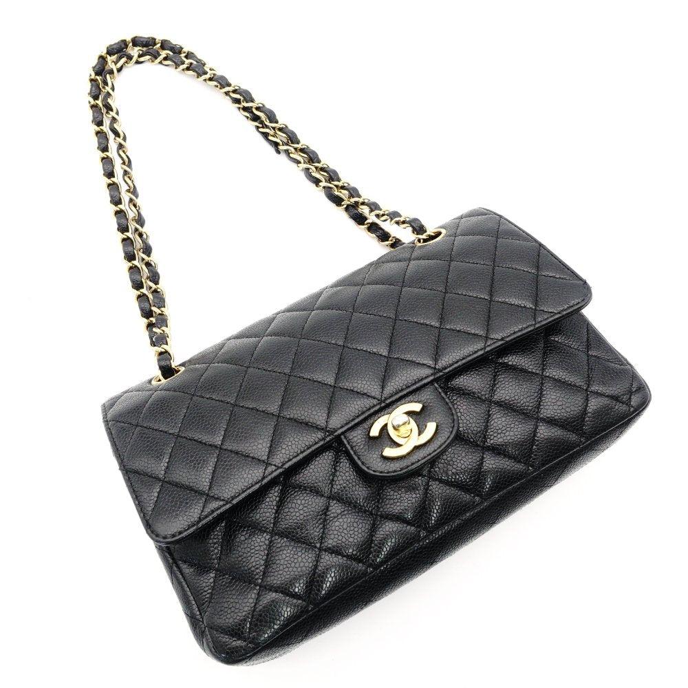 CHANEL Matelassé Double Flap Medium Chain Shoulder Bag Caviar Leather Black Gold Hardware 7-11-069
