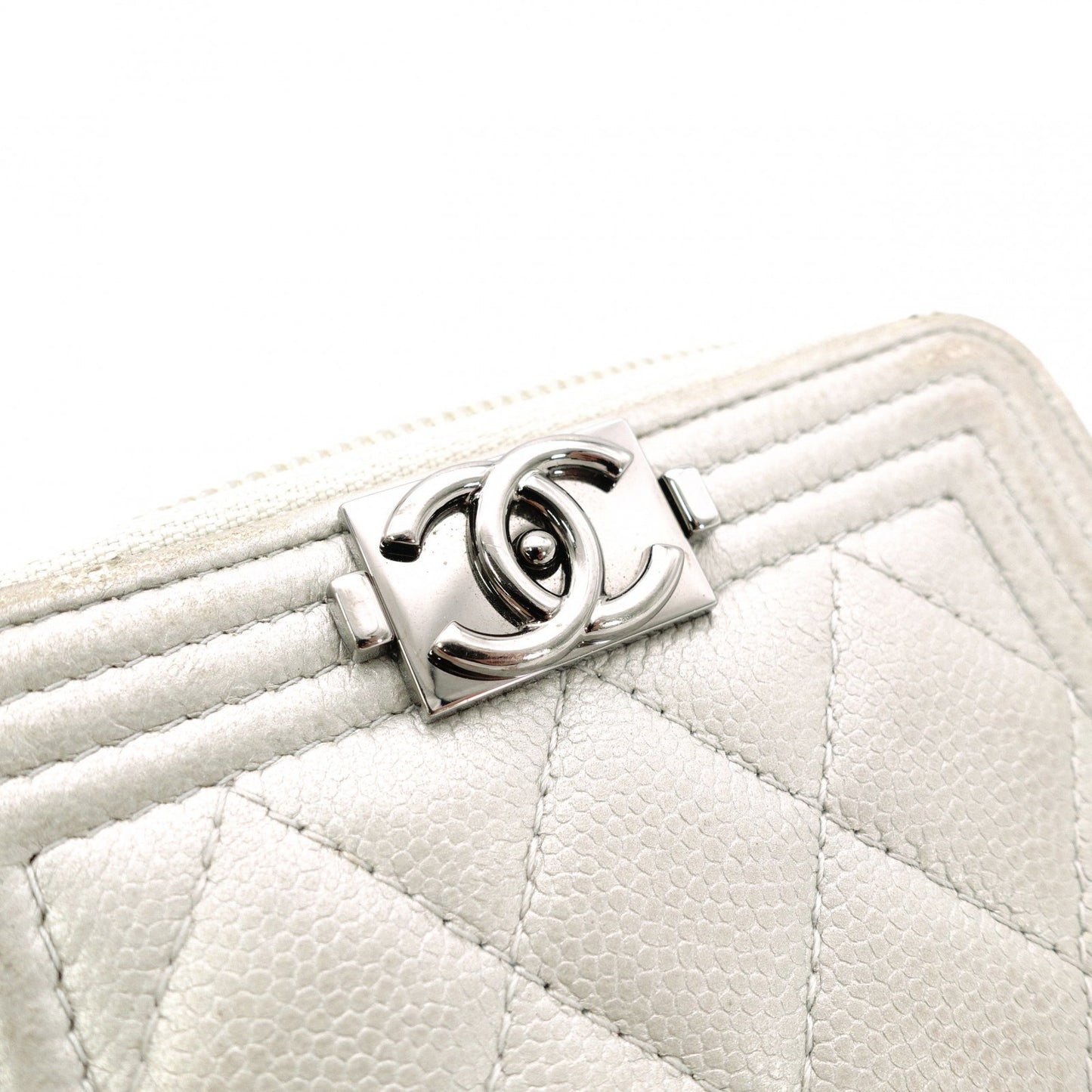 CHANEL Boy Chanel Card Case, Leather, Silver-Tone, Silver Hardware
