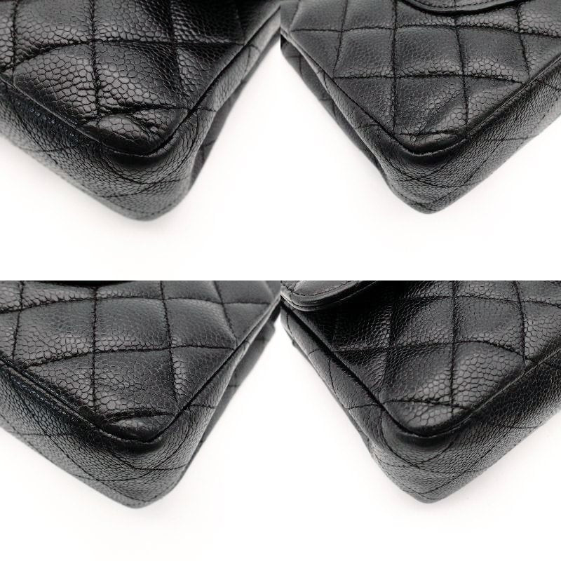 CHANEL Matelassé Double Flap Medium Chain Shoulder Bag Caviar Leather Black Gold Hardware 7-11-069