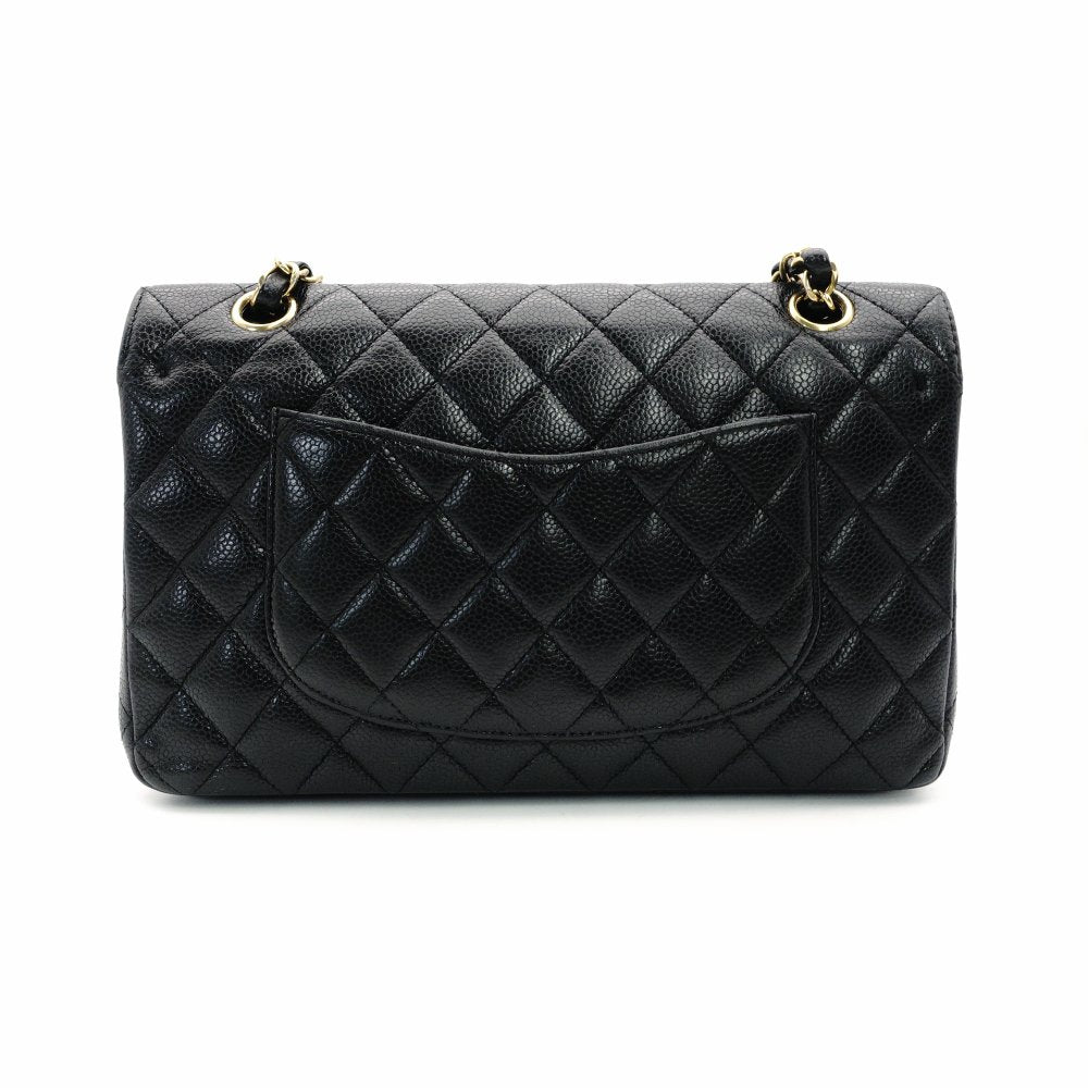 CHANEL Matelassé Double Flap Medium Chain Shoulder Bag Caviar Leather Black Gold Hardware 7-11-069
