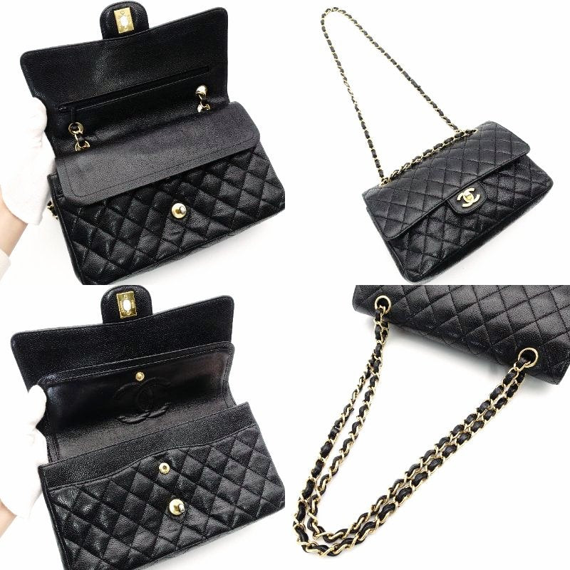 CHANEL Matelassé Double Flap Medium Chain Shoulder Bag Caviar Leather Black Gold Hardware 7-11-069