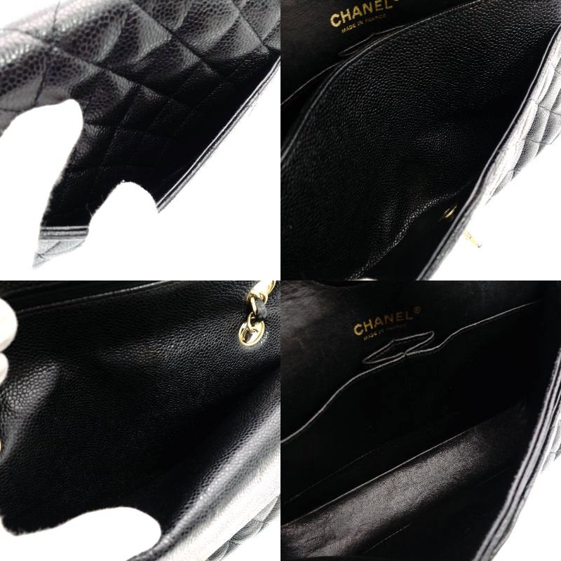 CHANEL Matelassé Double Flap Medium Chain Shoulder Bag Caviar Leather Black Gold Hardware 7-11-069
