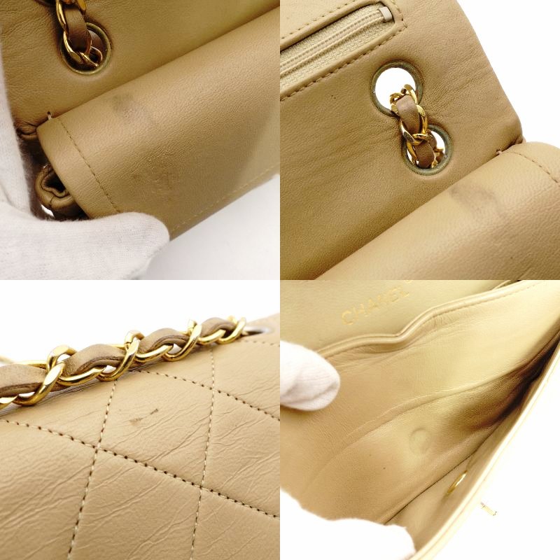 CHANEL Matelassé Double Flap Chain Shoulder Bag Lambskin Beige Leather Gold Hardware 7-12-098