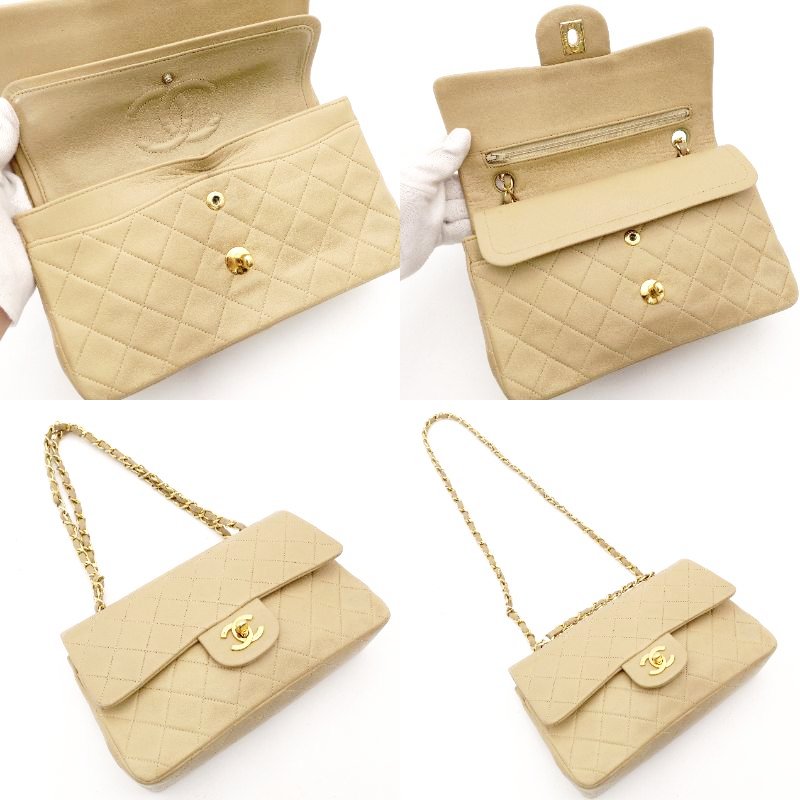 CHANEL Matelassé Double Flap Chain Shoulder Bag Lambskin Beige Leather Gold Hardware 7-12-098