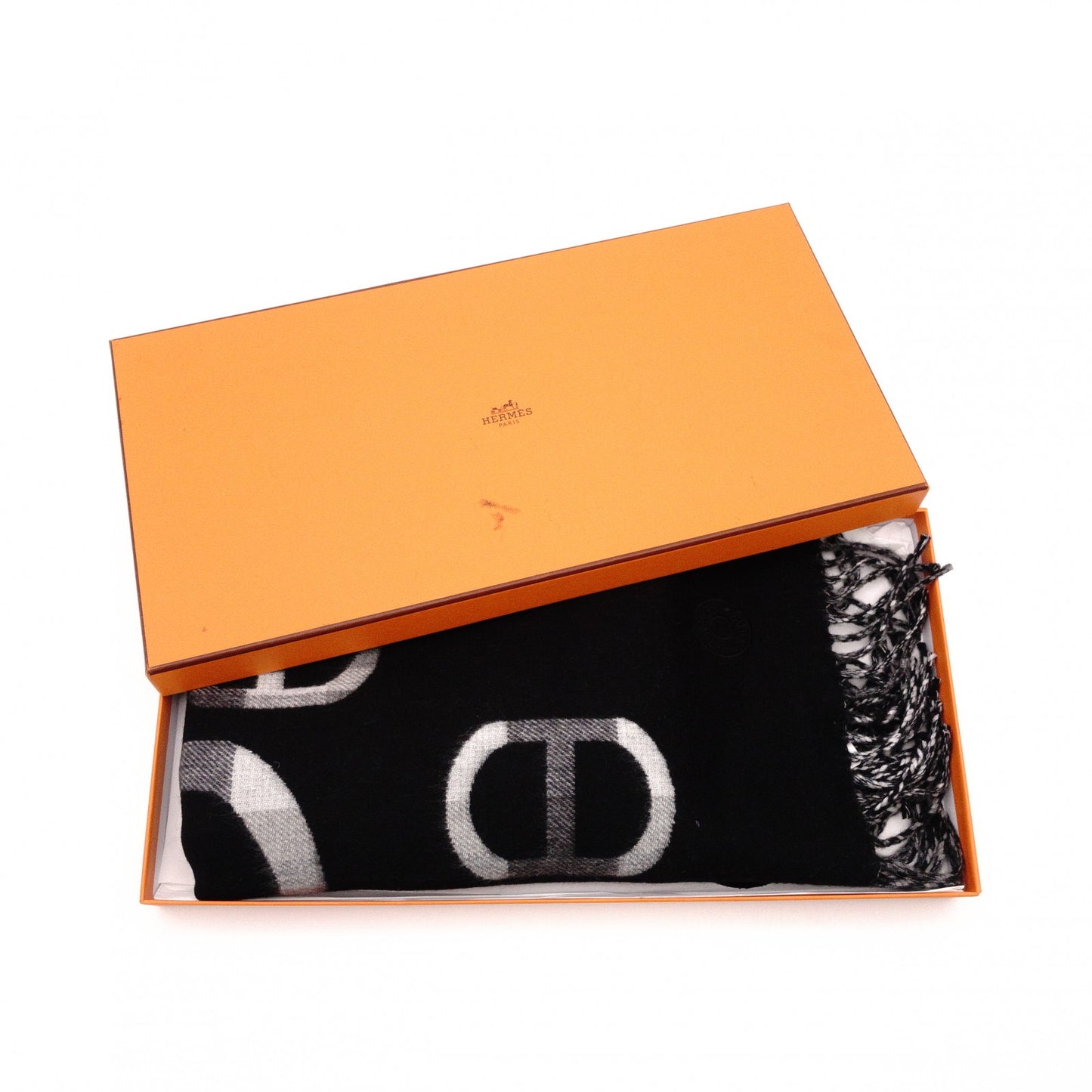 Unused, with tags: HERMES cashmere scarf, black and gray, 100% cashmere
