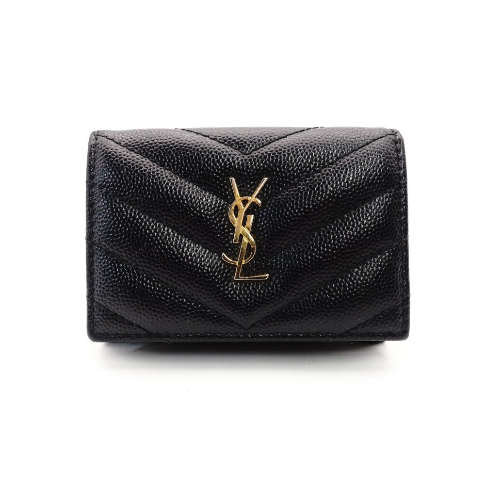 Saint Laurent YSL Cassandra Tiny Wallet Black Leather Black Mini Wallet Foldable Wallet Tri-Fold 7-12-602