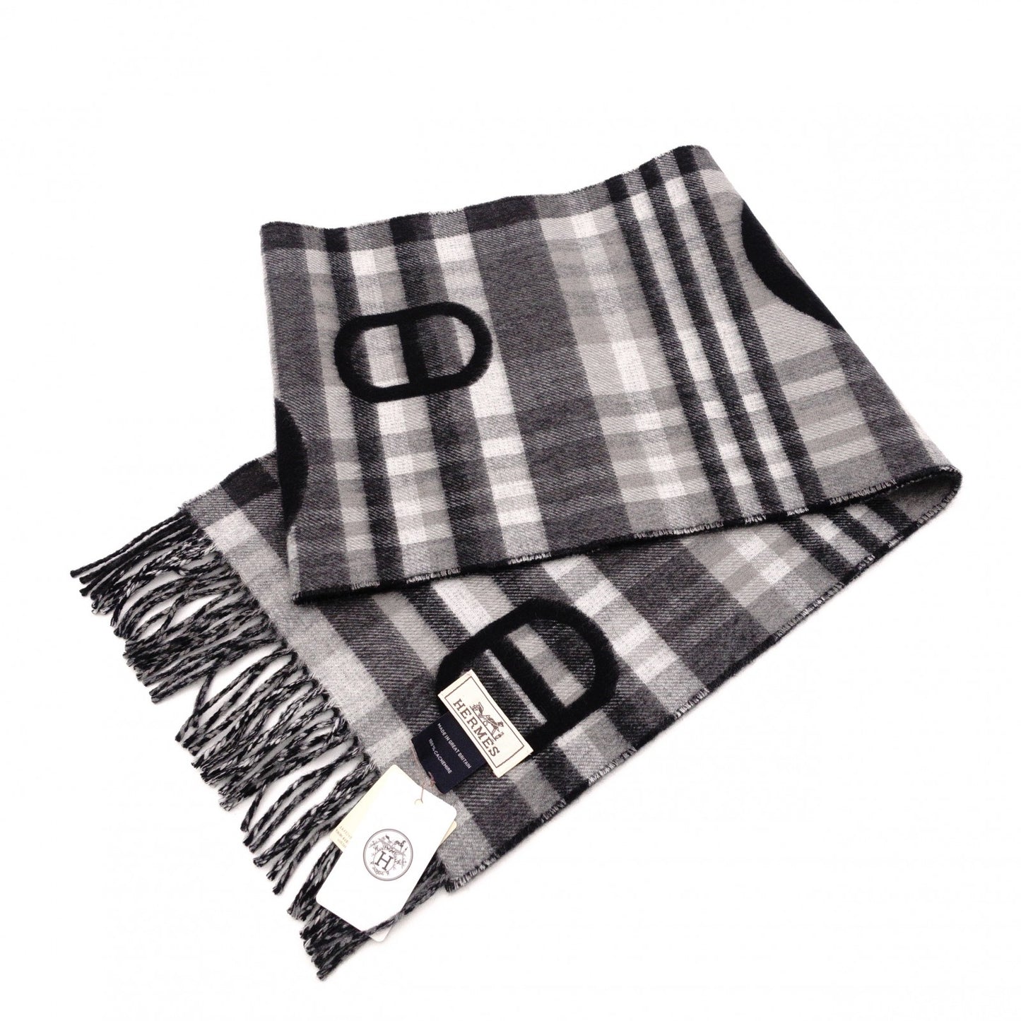 Unused, with tags: HERMES cashmere scarf, black and gray, 100% cashmere