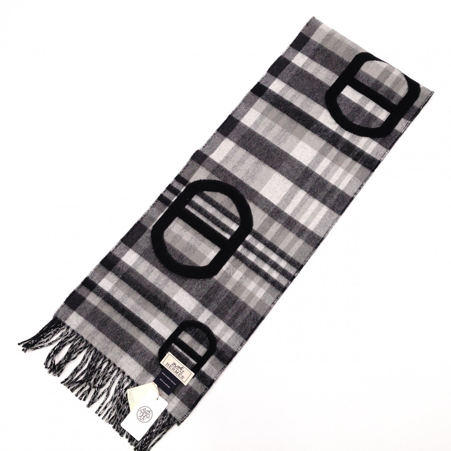 Unused, with tags: HERMES cashmere scarf, black and gray, 100% cashmere