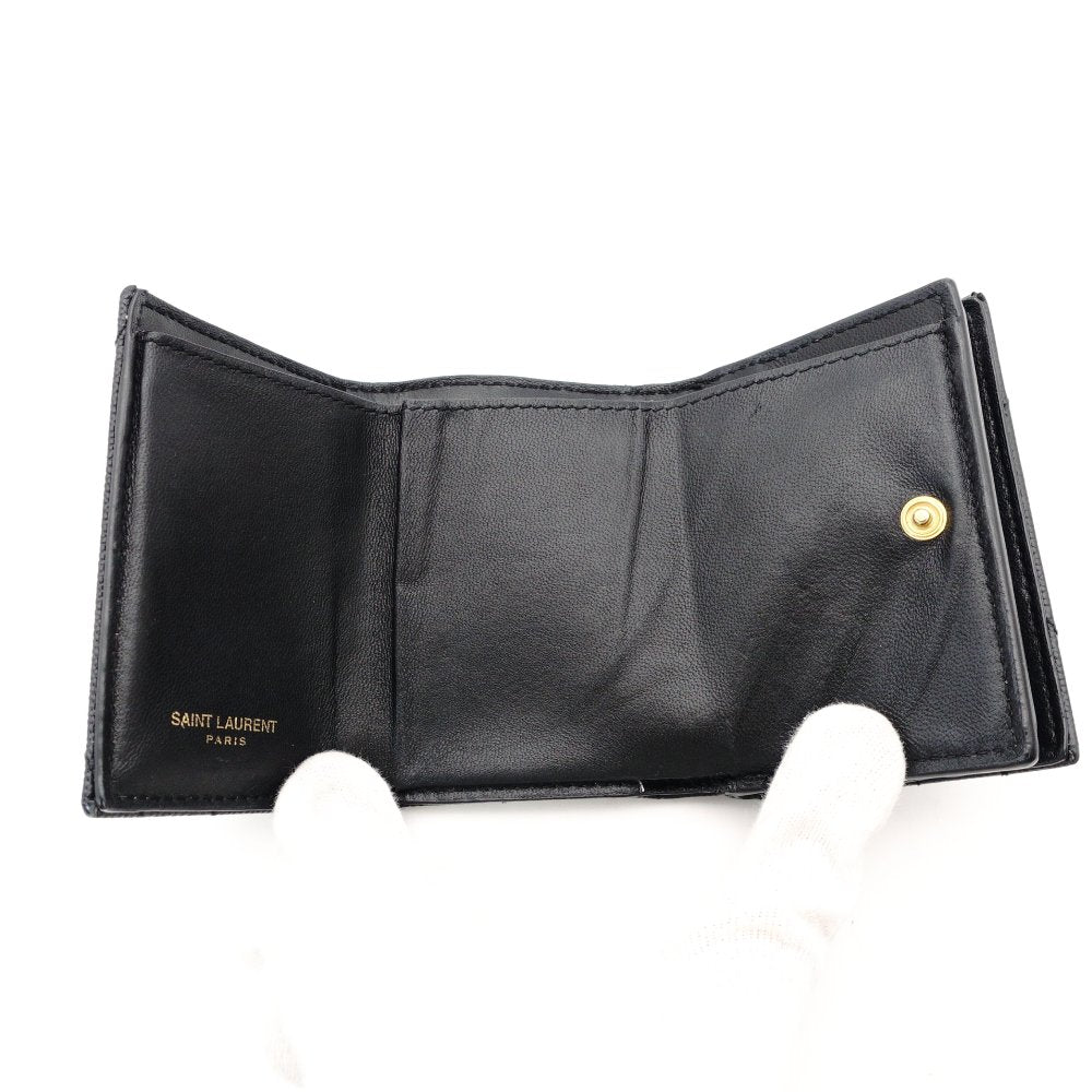 Saint Laurent YSL Cassandra Tiny Wallet Black Leather Black Mini Wallet Foldable Wallet Tri-Fold 7-12-602