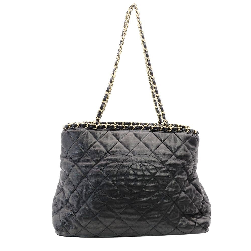 CHANEL Matelassé Chain Shoulder Bag Leather Tote Bag Gold Hardware Black Crossbody 7-11-764