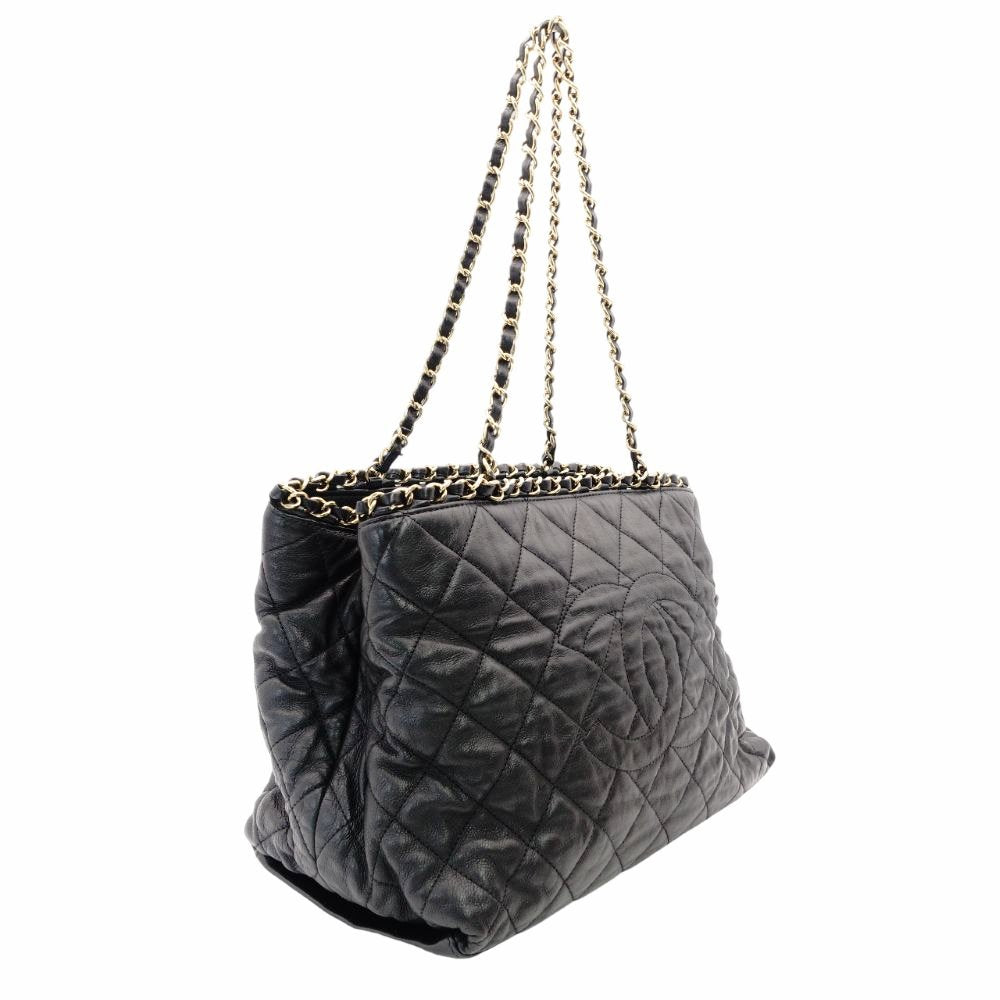 CHANEL Matelassé Chain Shoulder Bag Leather Tote Bag Gold Hardware Black Crossbody 7-11-764