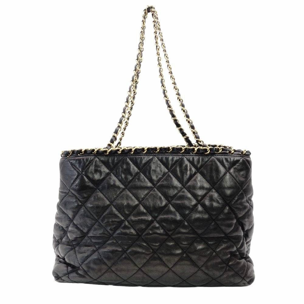 CHANEL Matelassé Chain Shoulder Bag Leather Tote Bag Gold Hardware Black Crossbody 7-11-764
