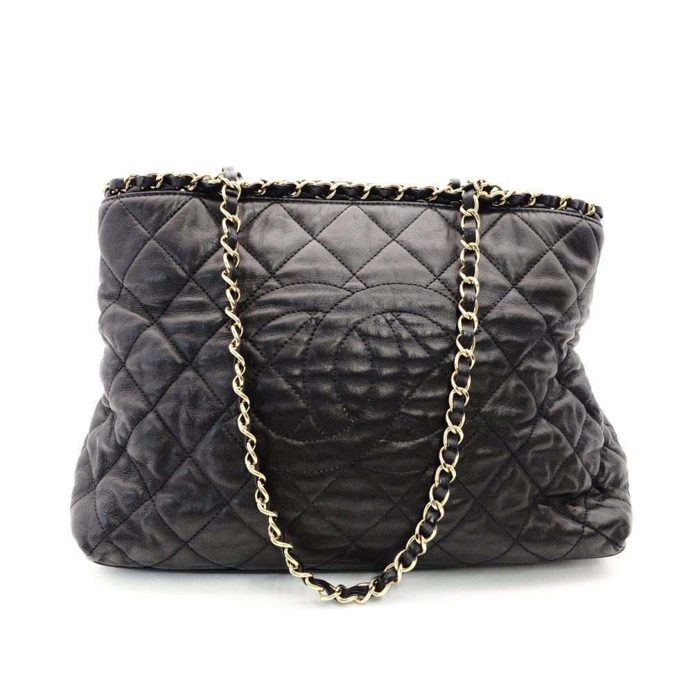 CHANEL Matelassé Chain Shoulder Bag Leather Tote Bag Gold Hardware Black Crossbody 7-11-764