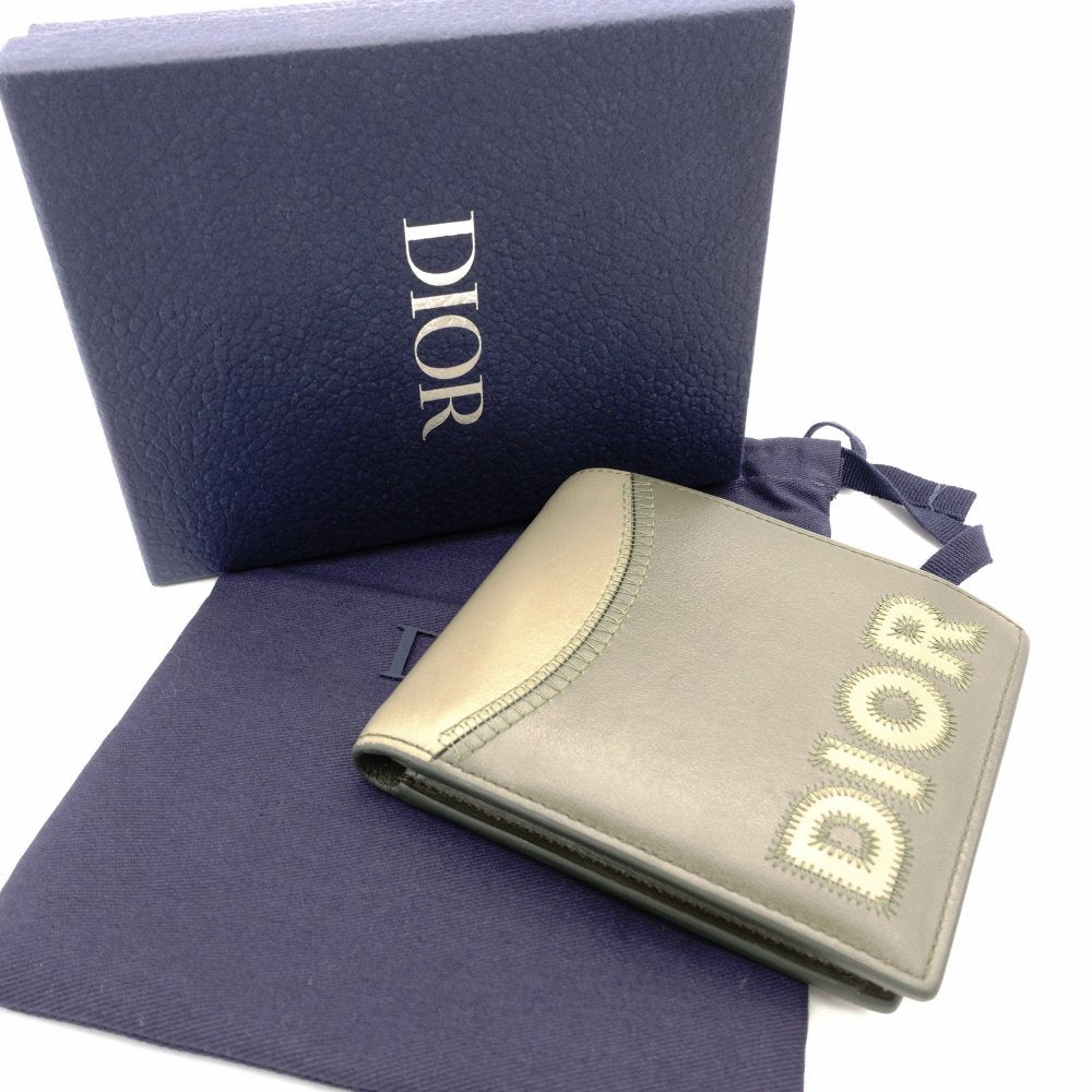 DIOR Men's Khaki Leather Wallet with Logo and Stitching, Box Included R801058