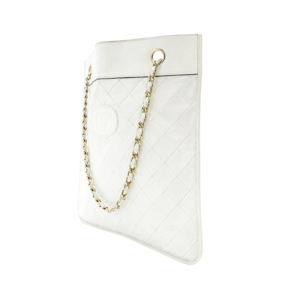 CHANEL Matelassé Chain Shoulder Bag Lambskin White Leather White Crossbody 7-8-760