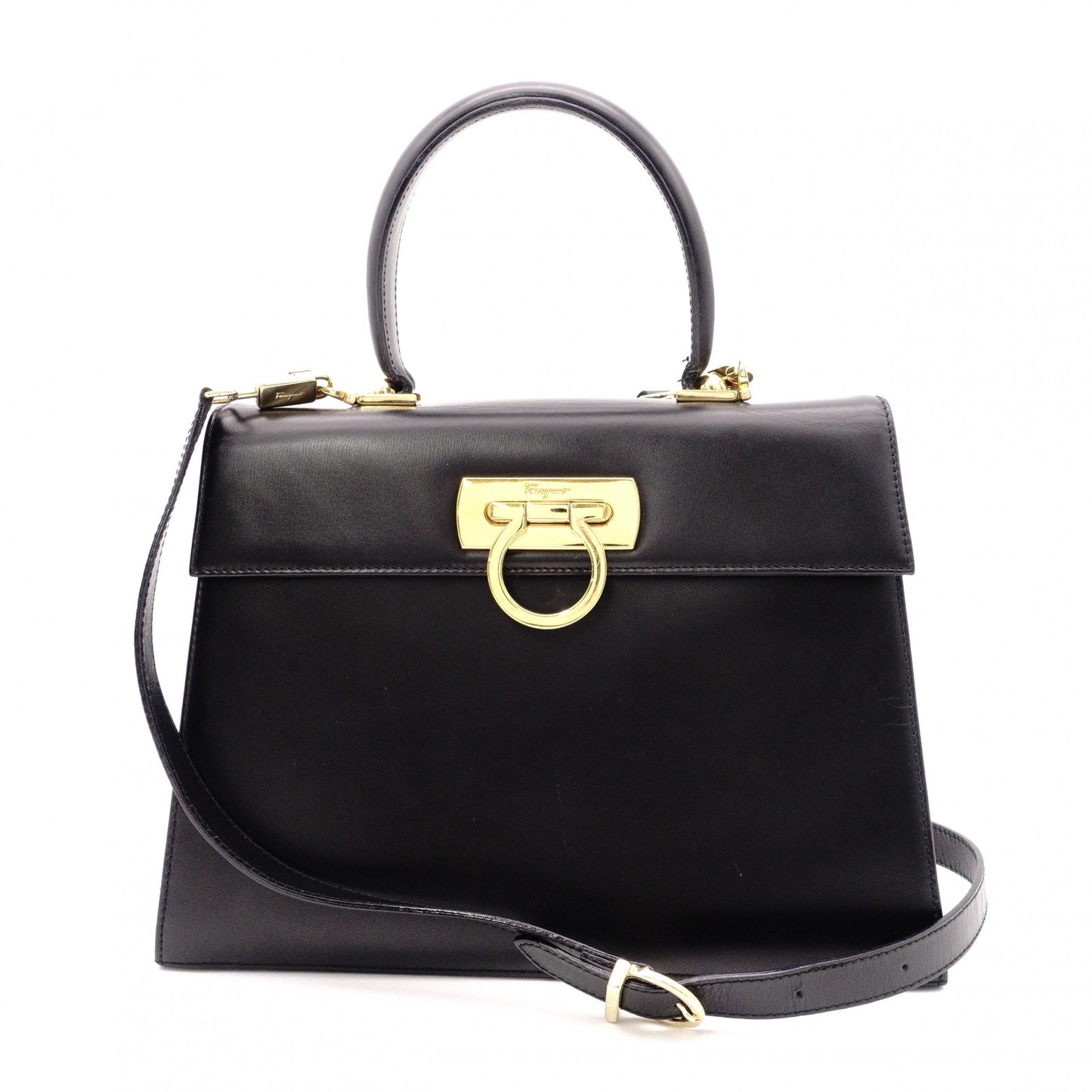 Salvatore Ferragamo Gancini Handbag, Leather, Black, 2-Way, Gold Hardware