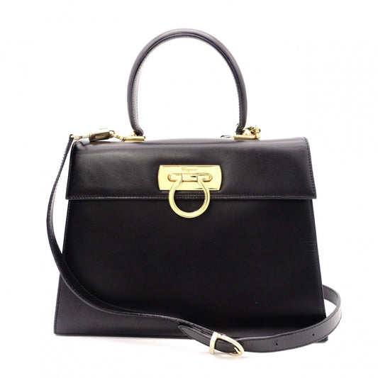 Salvatore Ferragamo Gancini Handbag, Leather, Black, 2-Way, Gold Hardware