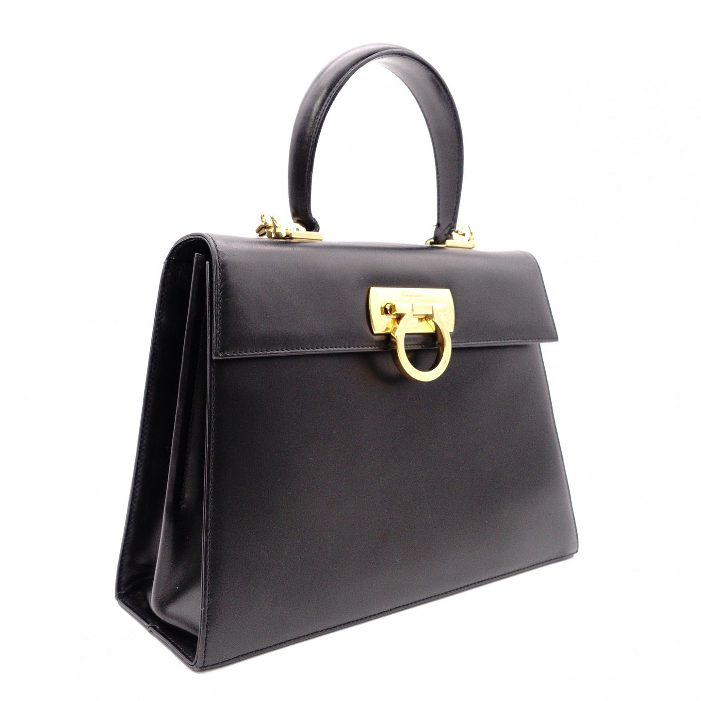 Salvatore Ferragamo Gancini Handbag, Leather, Black, 2-Way, Gold Hardware