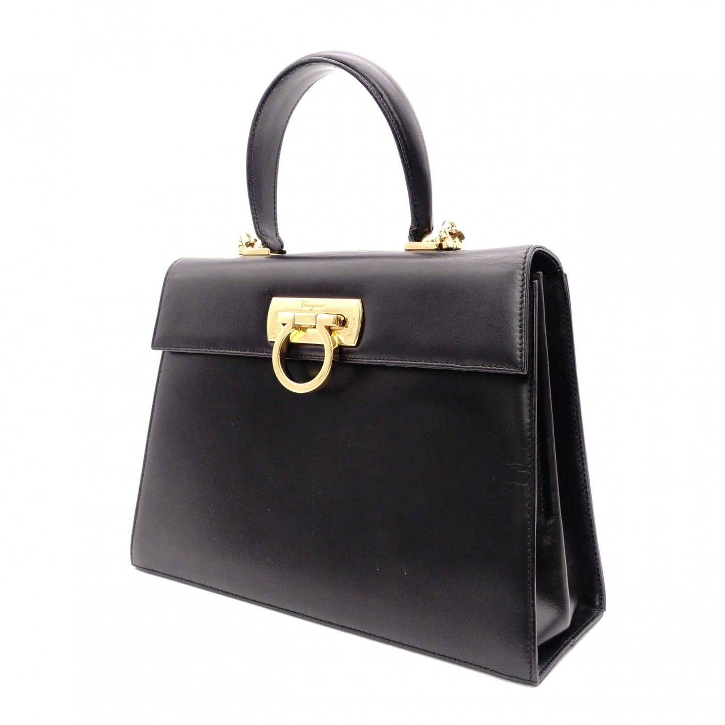 Salvatore Ferragamo Gancini Handbag, Leather, Black, 2-Way, Gold Hardware