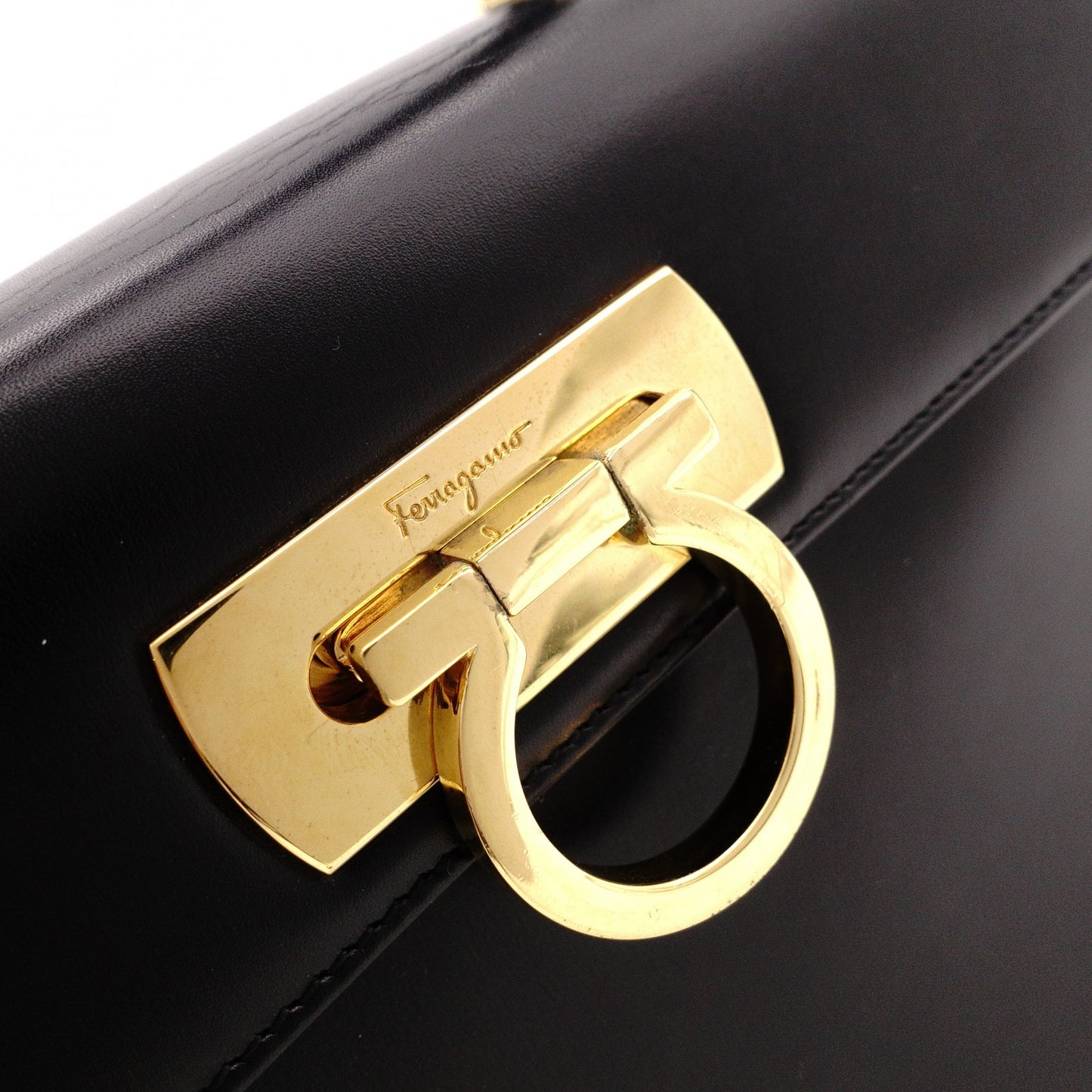 Salvatore Ferragamo Gancini Handbag, Leather, Black, 2-Way, Gold Hardware