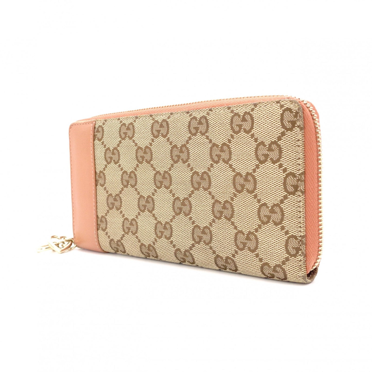 GUCCI GG Canvas Long Wallet, Leather, Brown Canvas, Heart Motif, Gold Hardware