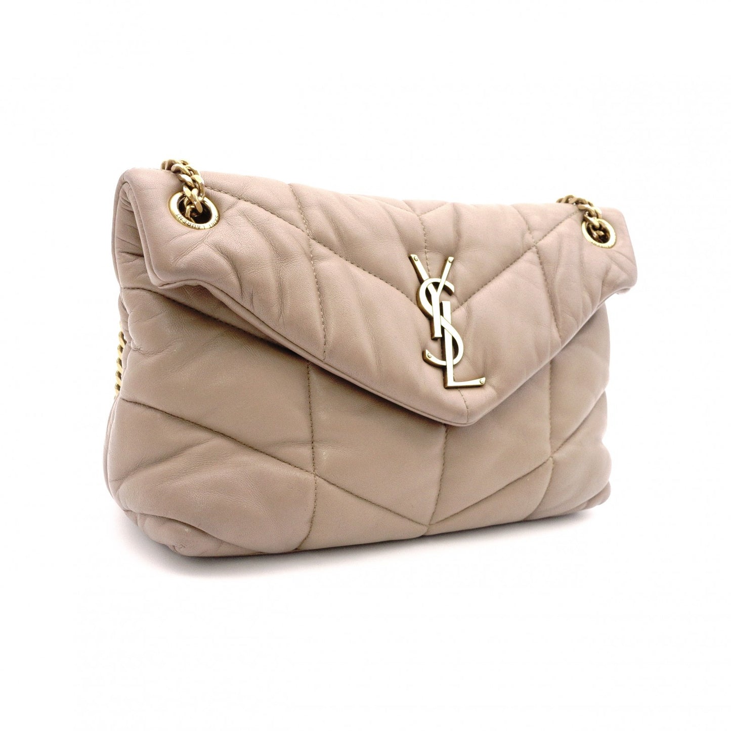 SAINT LAURENT Lulu Puffer Leather Chain Shoulder Bag, Leather, Beige, Crossbody, Gold Hardware
