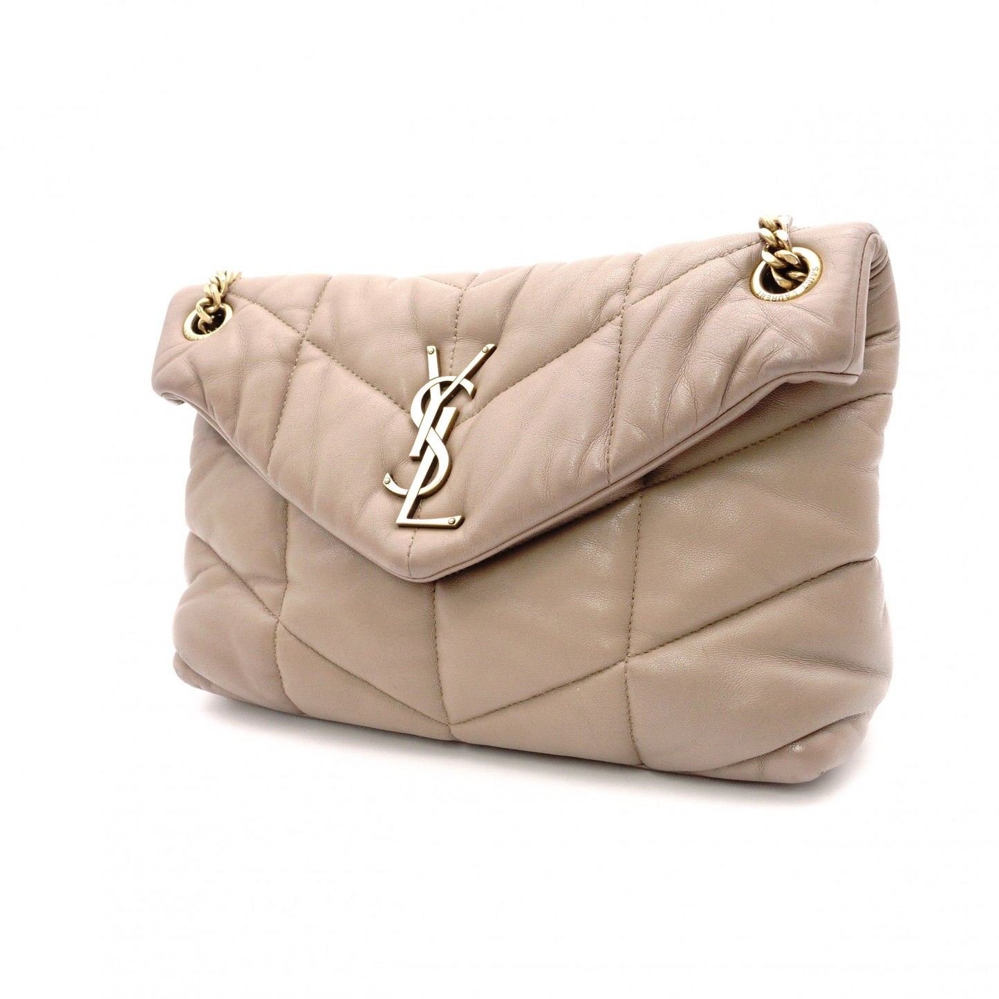 SAINT LAURENT Lulu Puffer Leather Chain Shoulder Bag, Leather, Beige, Crossbody, Gold Hardware
