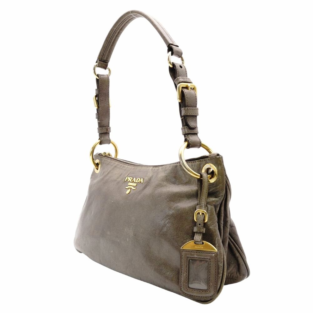 PRADA One Shoulder Bag Brown Leather Gold Hardware Brown Charm 7-12-963