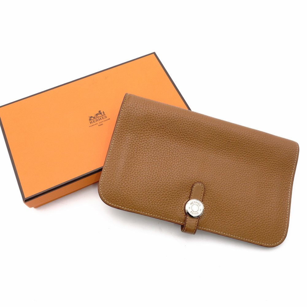 HERMES Dogon GM Long Wallet Leather Brown Silver Hardware Wallet □P Stamped Gold Togo 7-12-513