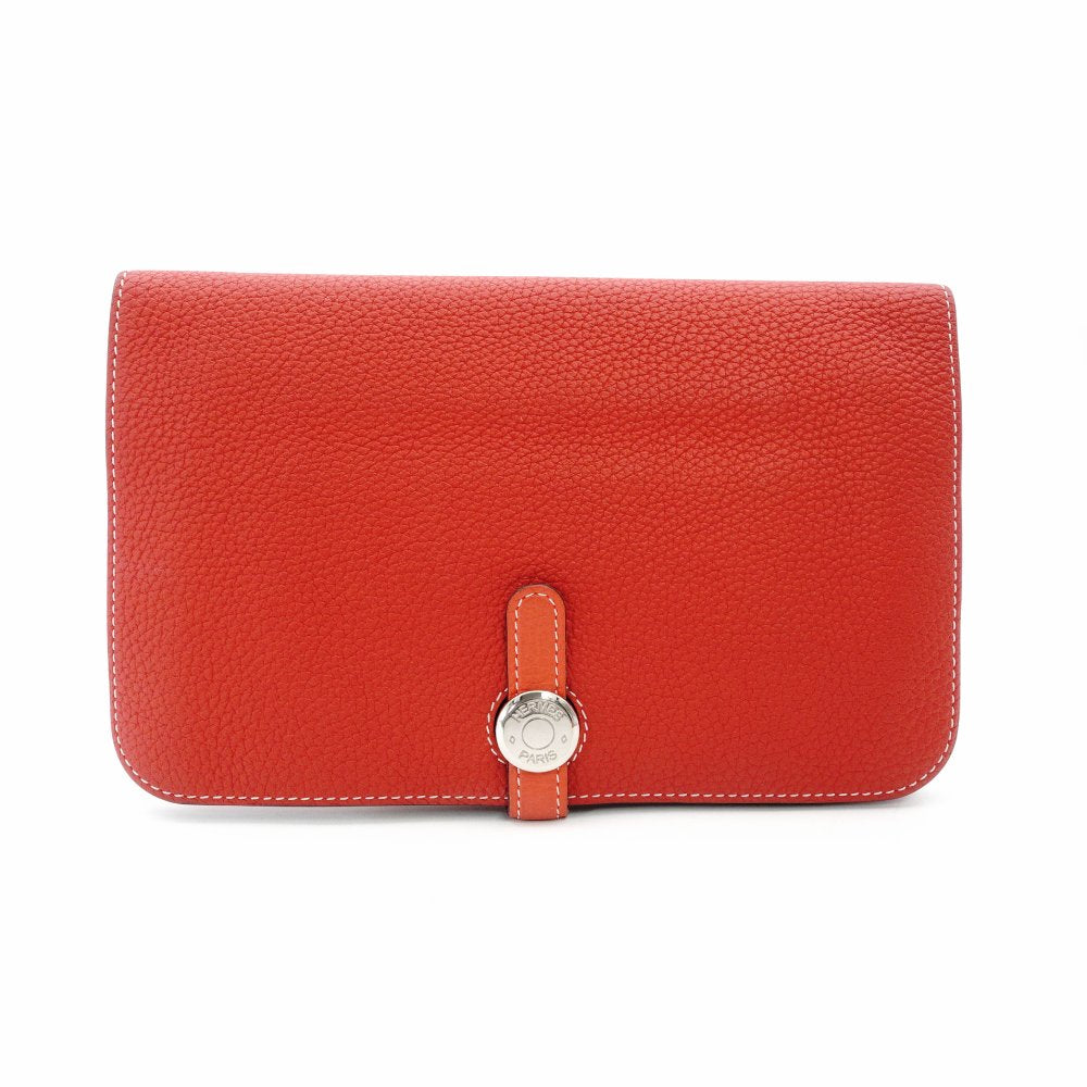 HERMES Dogon GM Long Wallet Leather Red Silver Hardware Wallet □Q Stamped Wallet 7-12-0660
