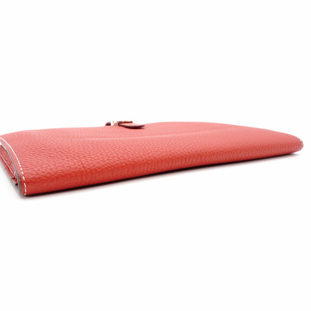 HERMES Dogon GM Long Wallet Leather Red Silver Hardware Wallet □Q Stamped Wallet 7-12-0660
