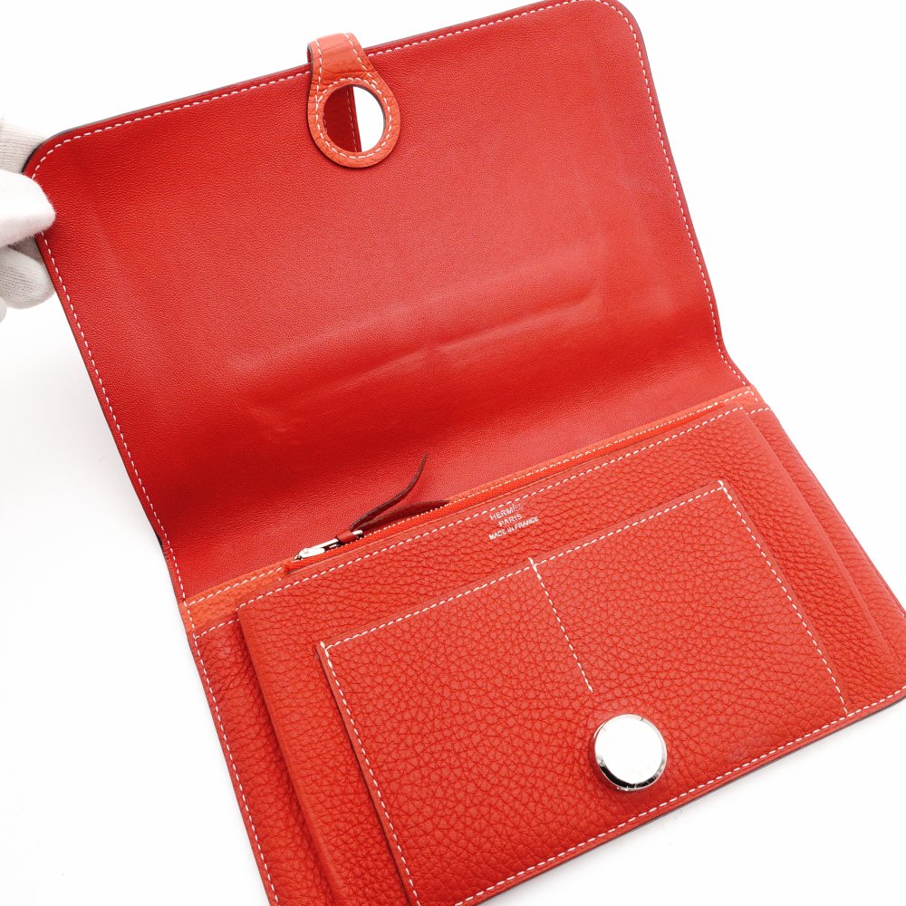 HERMES Dogon GM Long Wallet Leather Red Silver Hardware Wallet □Q Stamped Wallet 7-12-0660